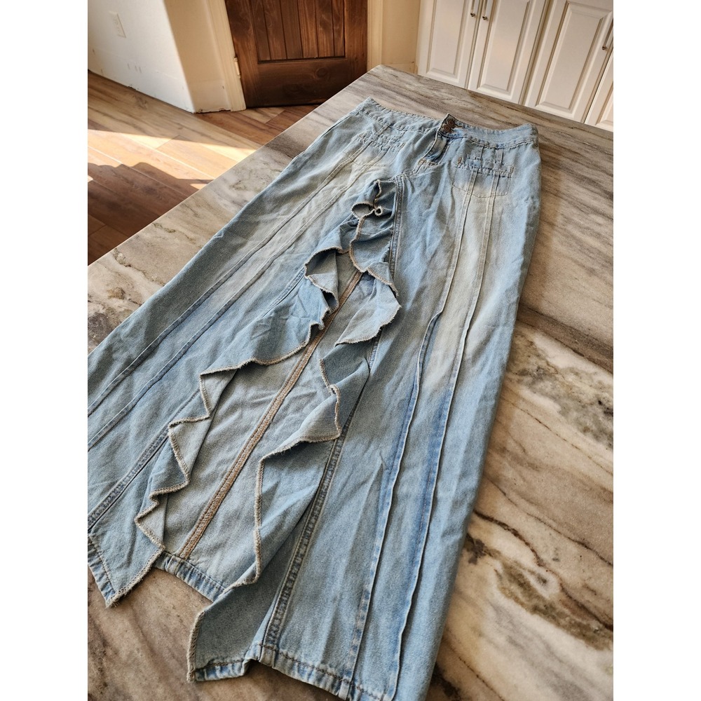 NWT Edikted Valencia Ruffle Slitted Denim Maxi Skirt Light Blue Wash Western XS